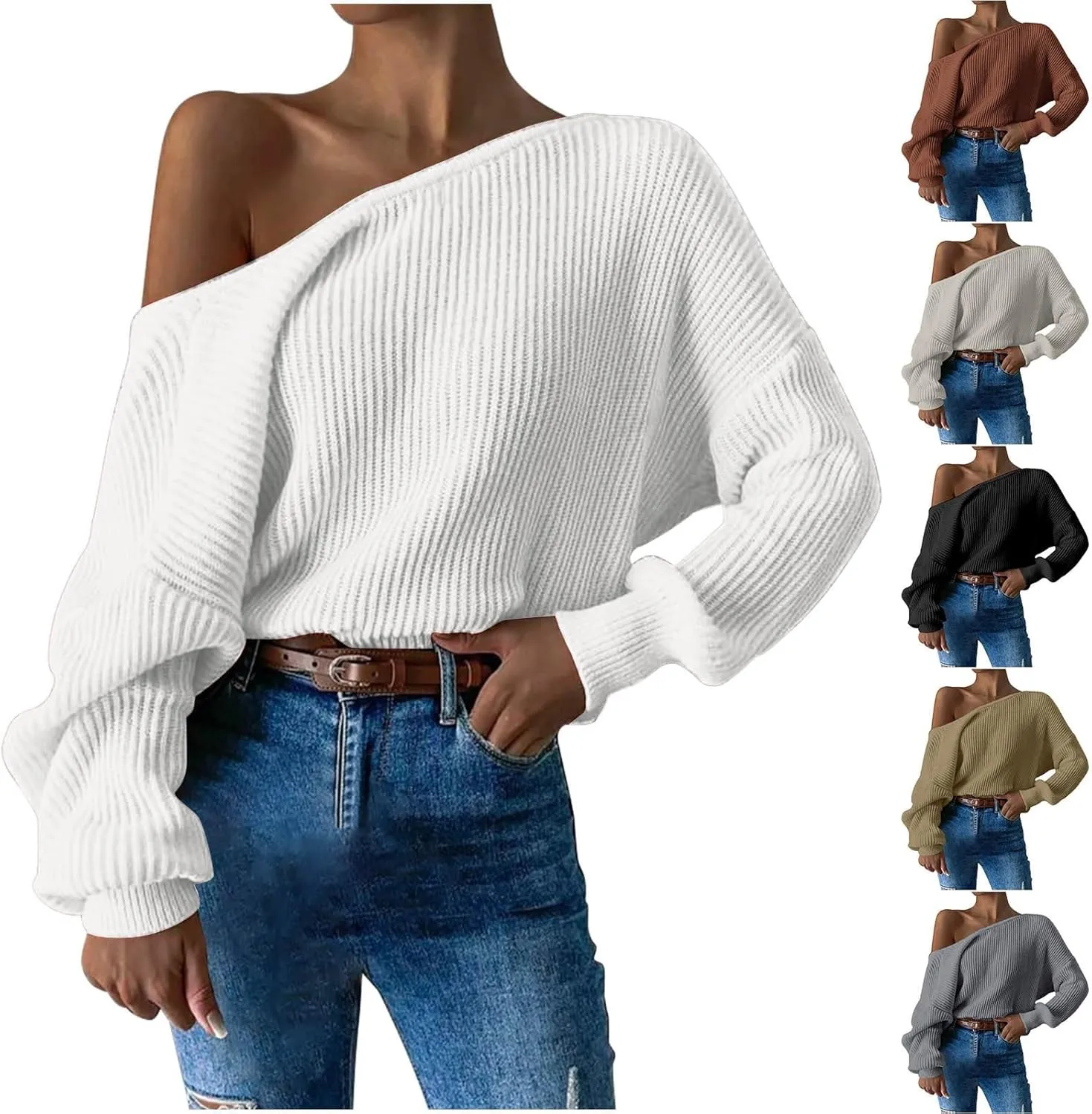 2024 Fall Winter Sweaters for Women Off The Shoulder Sweater Oversized Knit Long Sleeve Sweaters Tunic Tops