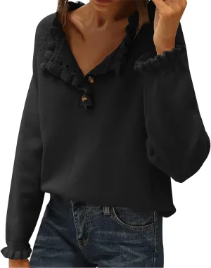 2024 Womens Sweaters Fall Winter Outfits Long Sleeve Button Down Ruffle Knitted Pullover Casual V Neck Jumper Tops