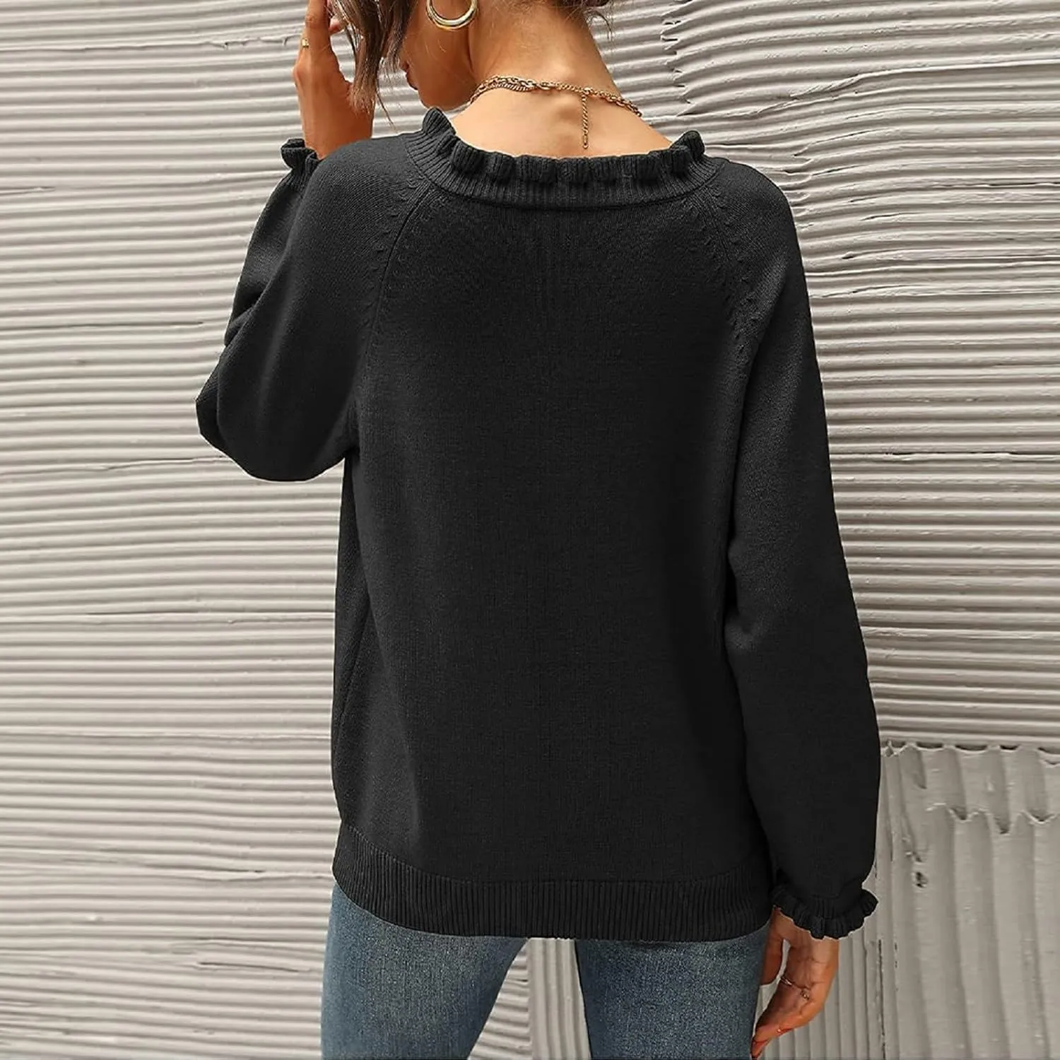 2024 Womens Sweaters Fall Winter Outfits Long Sleeve Button Down Ruffle Knitted Pullover Casual V Neck Jumper Tops