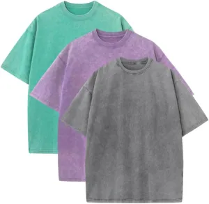 3 Pcs Oversized T-Shirts for Men Heavyweight Cotton Workout Shirts Acid Wash Pump Gym Tees for Casual Active Wear
