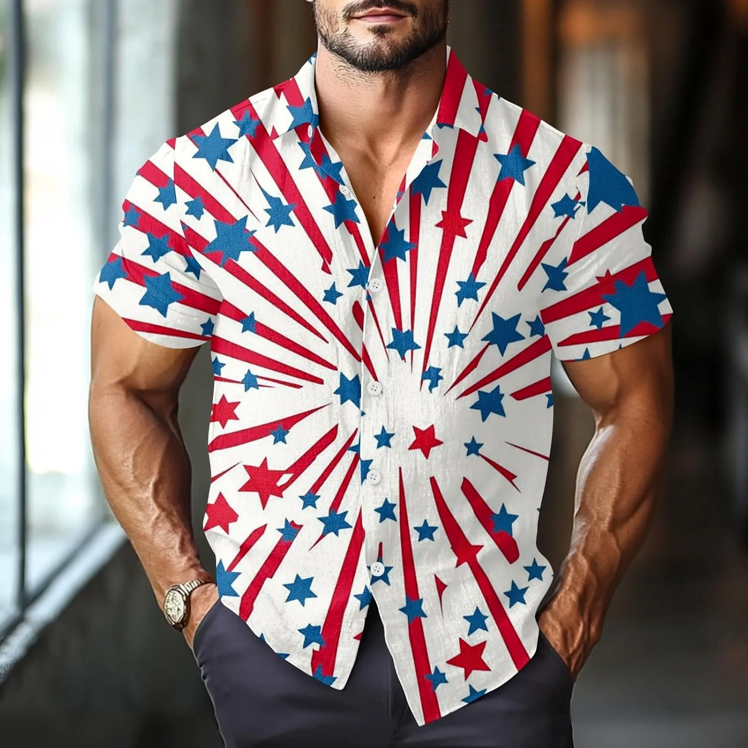 4Th of July Shirts for Men Patriotic Independence Day Short Sleeve Shirts Red White and Blue American Flag Outfits