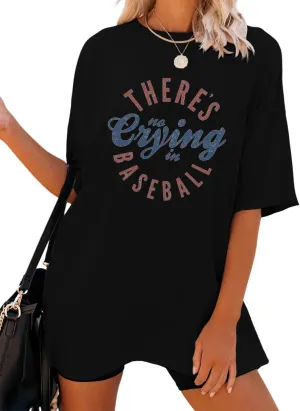 Baseball Mom Shirt Women Theres No Crying in Baseball Shirt Crew Neck Oversized Tshirts Graphic Tees Game Day Tops
