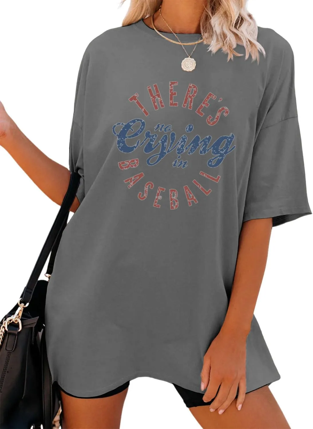 Baseball Mom Shirt Women Theres No Crying in Baseball Shirt Crew Neck Oversized Tshirts Graphic Tees Game Day Tops