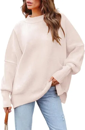 Basicspace Womens Sweaters Winter Fall Round Neck Long Sleeve Loose Ribbed Knit Chunky Sweaters Pullover Outerwear(X-Large,A Apricot)