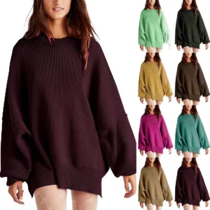 Batwing Sweaters for Women Oversize Cable Knit Pullover Solid Color Jumper Sweatshirt Side Split Tops Fall Sweaters
