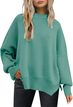 Batwing Sweaters for Women Oversize Cable Knit Pullover Solid Color Jumper Sweatshirt Side Split Tops Fall Sweaters