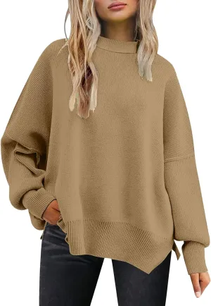 Batwing Sweaters for Women Oversize Cable Knit Pullover Solid Color Jumper Sweatshirt Side Split Tops Fall Sweaters