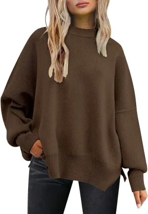 Batwing Sweaters for Women Oversize Cable Knit Pullover Solid Color Jumper Sweatshirt Side Split Tops Fall Sweaters