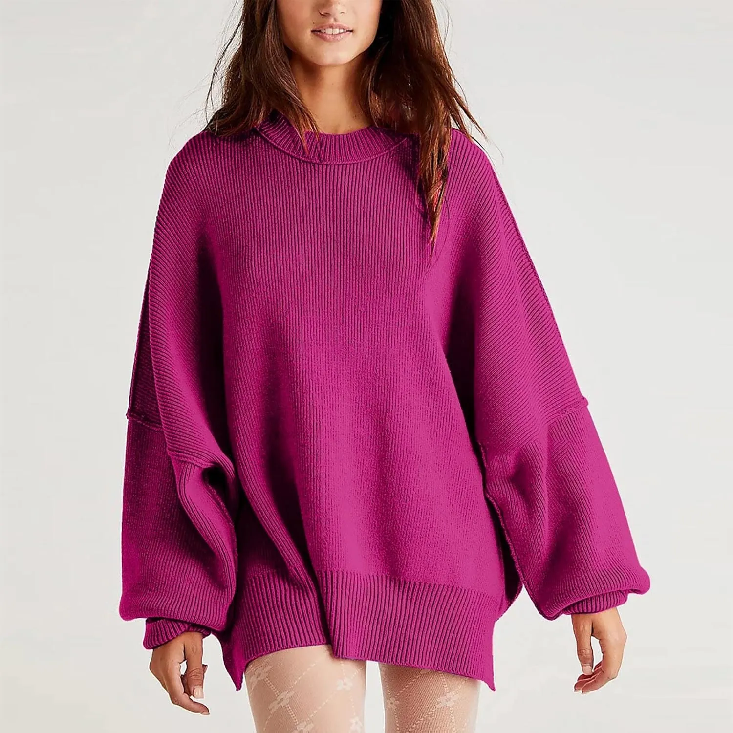 Batwing Sweaters for Women Oversize Cable Knit Pullover Solid Color Jumper Sweatshirt Side Split Tops Fall Sweaters
