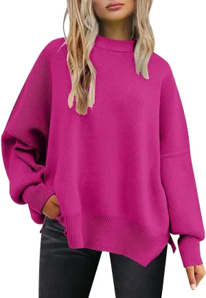 Batwing Sweaters for Women Oversize Cable Knit Pullover Solid Color Jumper Sweatshirt Side Split Tops Fall Sweaters
