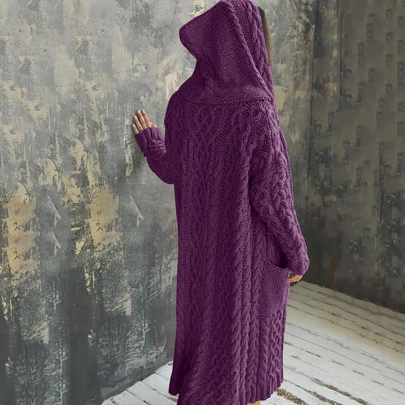 Bengbobar Long Cardigan Sweaters for Women Coats Cable Knit Casual Open Front Long Sleeve Hooded Sweater with Pockets