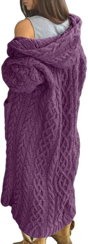Bengbobar Long Cardigan Sweaters for Women Coats Cable Knit Casual Open Front Long Sleeve Hooded Sweater with Pockets