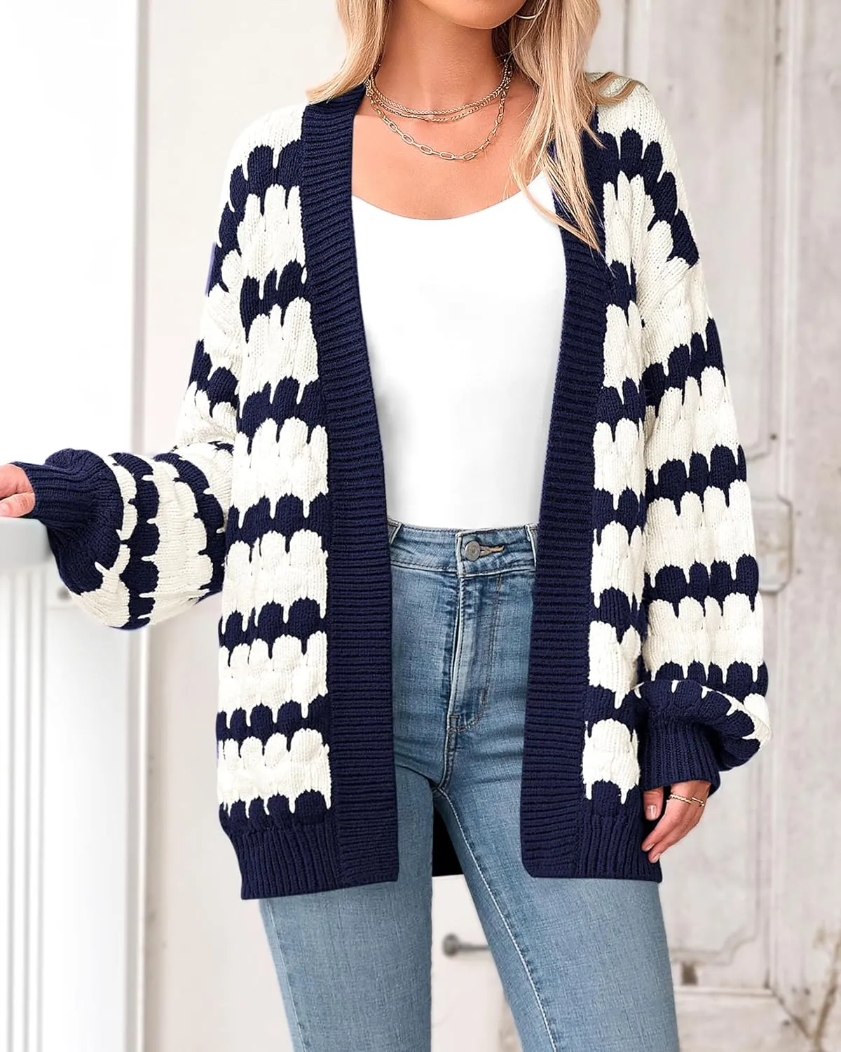 BTFBM Womens Open Front Cardigan Sweater 2024 Fall Winter Long Sleeve Loose Color Block Chunky Cable Knit Outerwear Coat