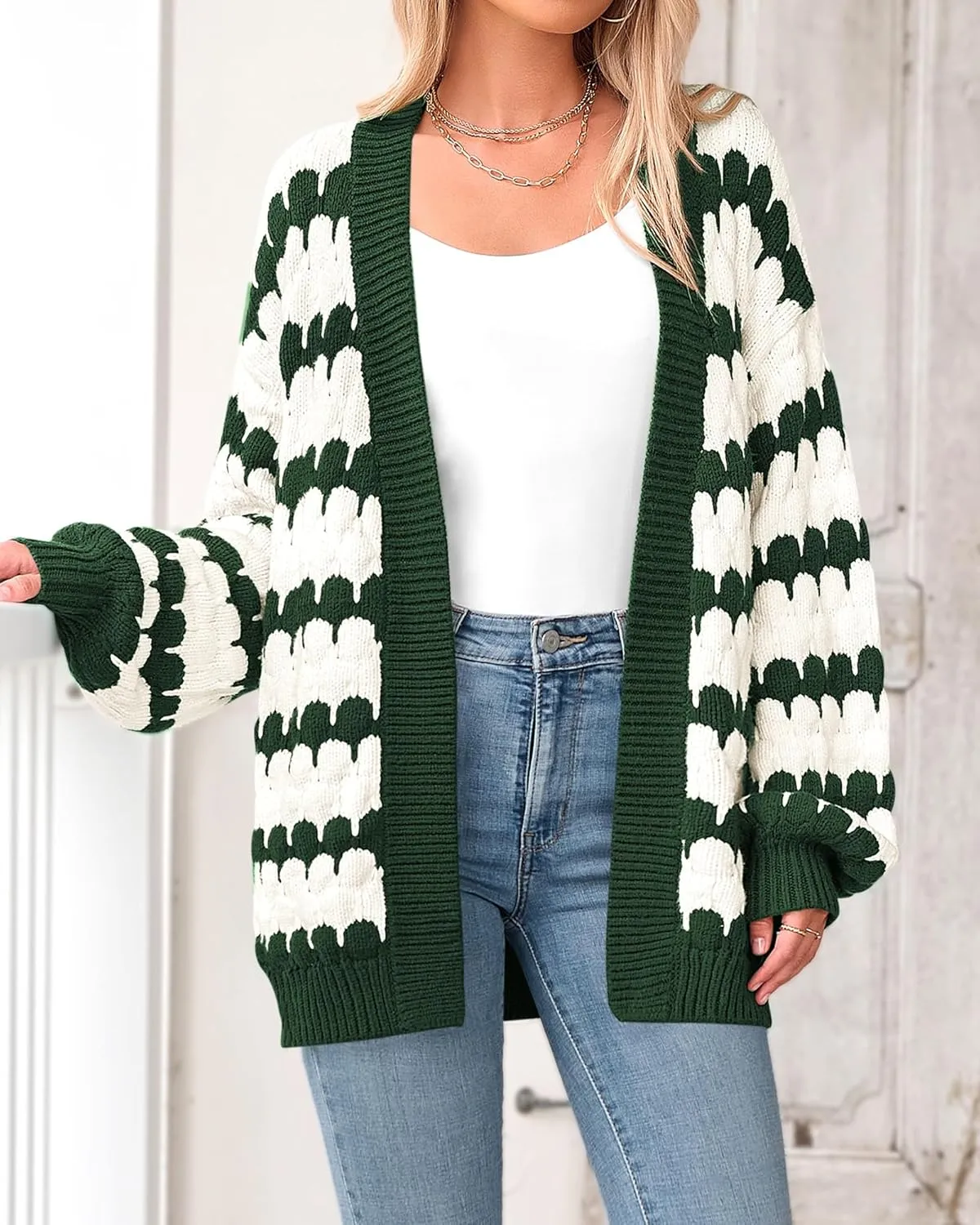 BTFBM Womens Open Front Cardigan Sweater 2024 Fall Winter Long Sleeve Loose Color Block Chunky Cable Knit Outerwear Coat