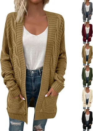 Cable Knit Cardigan Women Oversized Long Sleeve Chunky Sweater Lightweight Open Front Cardigan with Pockets