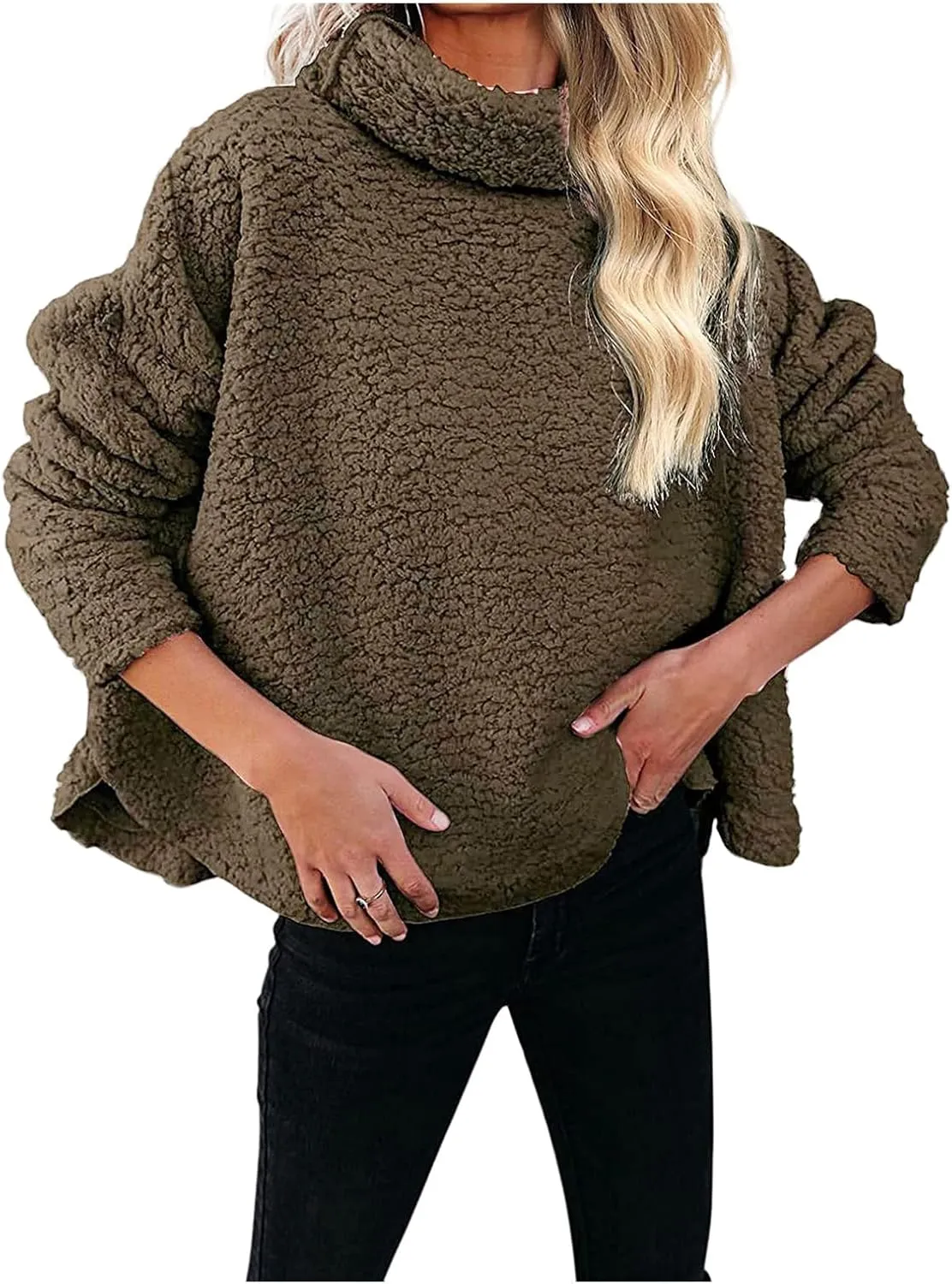 Canbebig Womens Fuzzy Sherpa Fleece Sweaters Oversized Casual Turtleneck Sweatshirt Warm Pullover Sweater Side Slit Outerwear