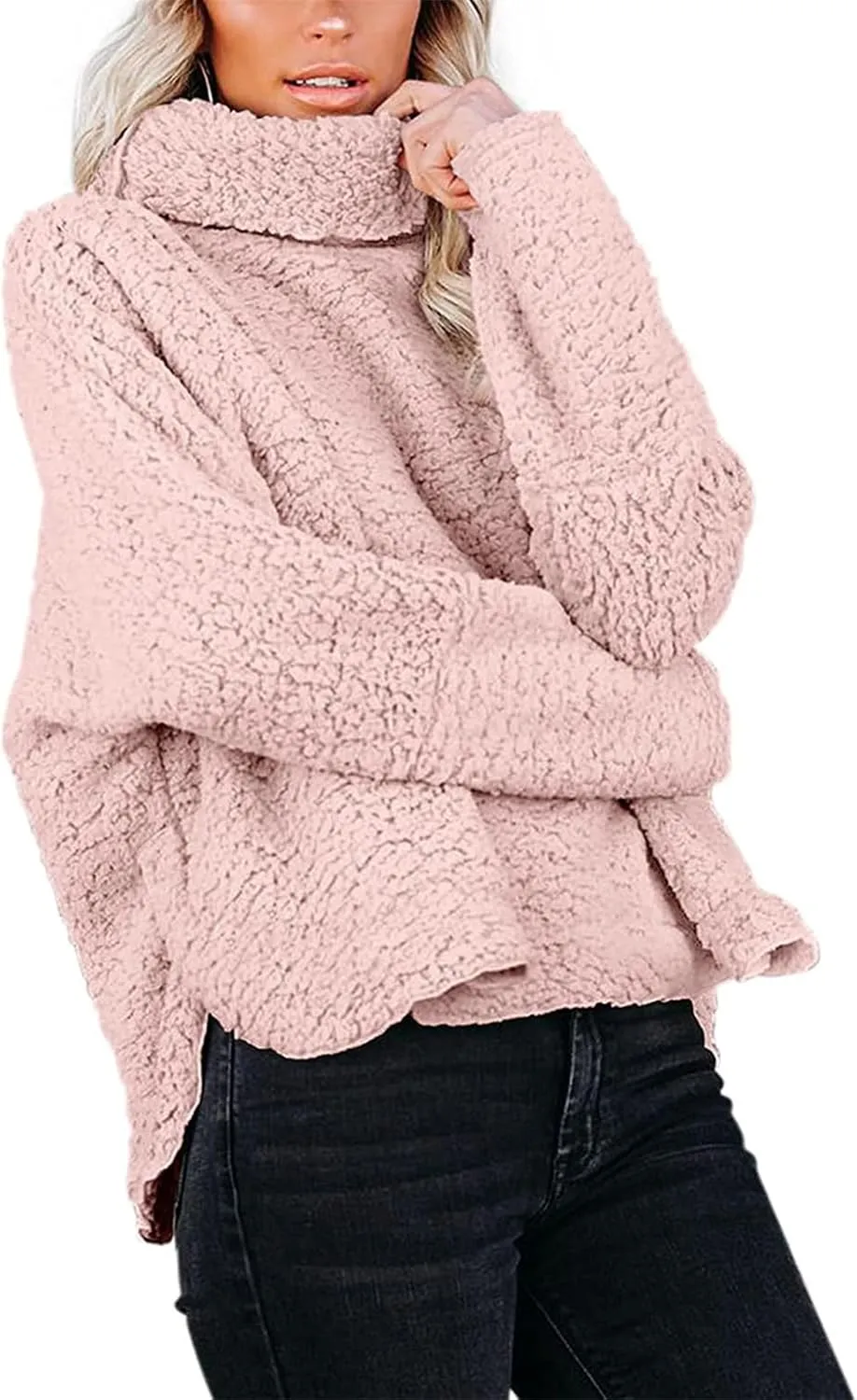 Canbebig Womens Fuzzy Sherpa Fleece Sweaters Oversized Casual Turtleneck Sweatshirt Warm Pullover Sweater Side Slit Outerwear