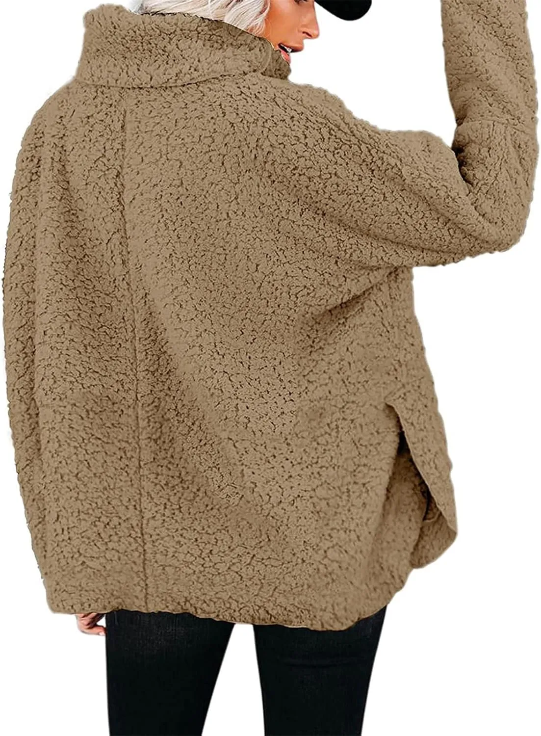 Canbebig Womens Fuzzy Sherpa Fleece Sweaters Oversized Casual Turtleneck Sweatshirt Warm Pullover Sweater Side Slit Outerwear