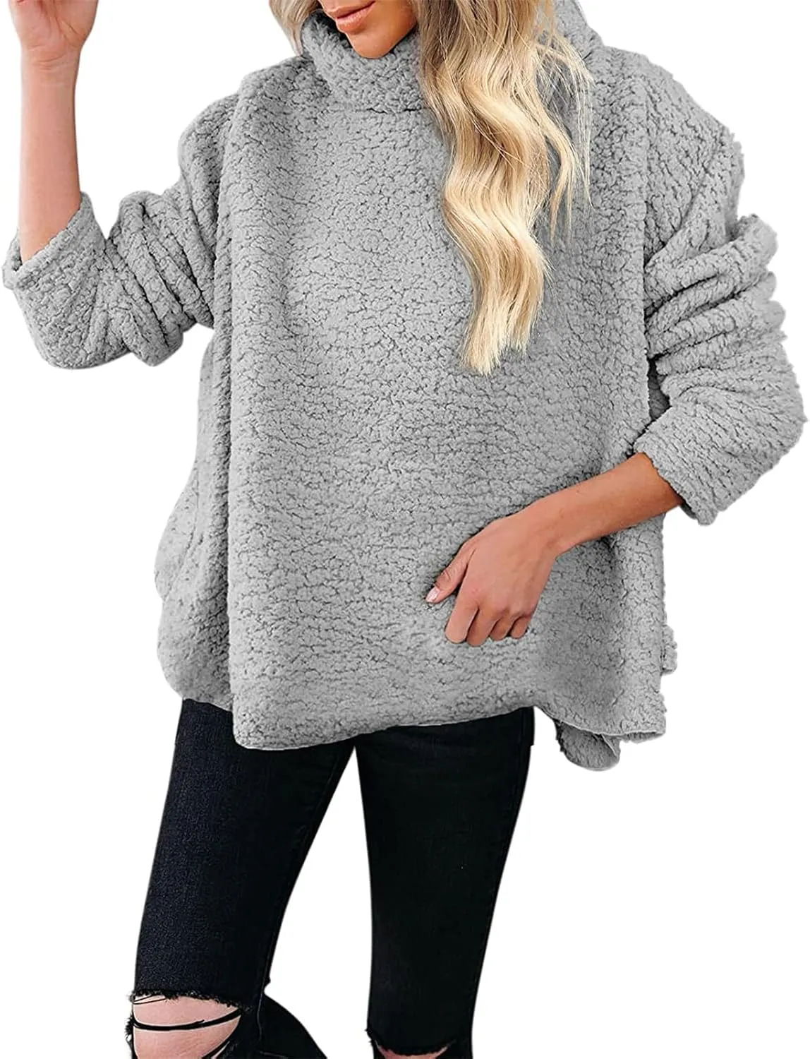 Canbebig Womens Fuzzy Sherpa Fleece Sweaters Oversized Casual Turtleneck Sweatshirt Warm Pullover Sweater Side Slit Outerwear