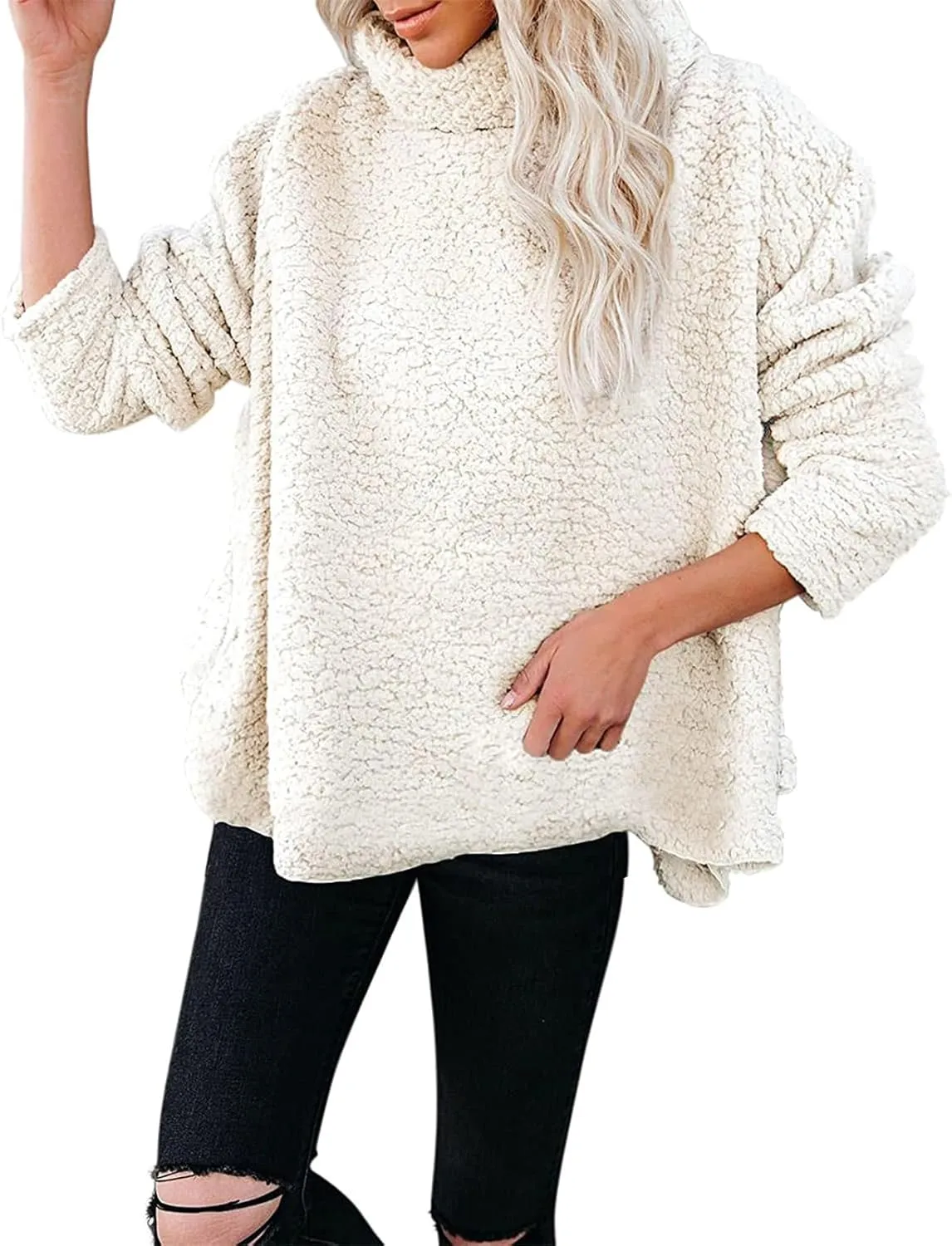 Canbebig Womens Fuzzy Sherpa Fleece Sweaters Oversized Casual Turtleneck Sweatshirt Warm Pullover Sweater Side Slit Outerwear