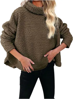 Canbebig Womens Fuzzy Sherpa Fleece Sweaters Oversized Casual Turtleneck Sweatshirt Warm Pullover Sweater Side Slit Outerwear
