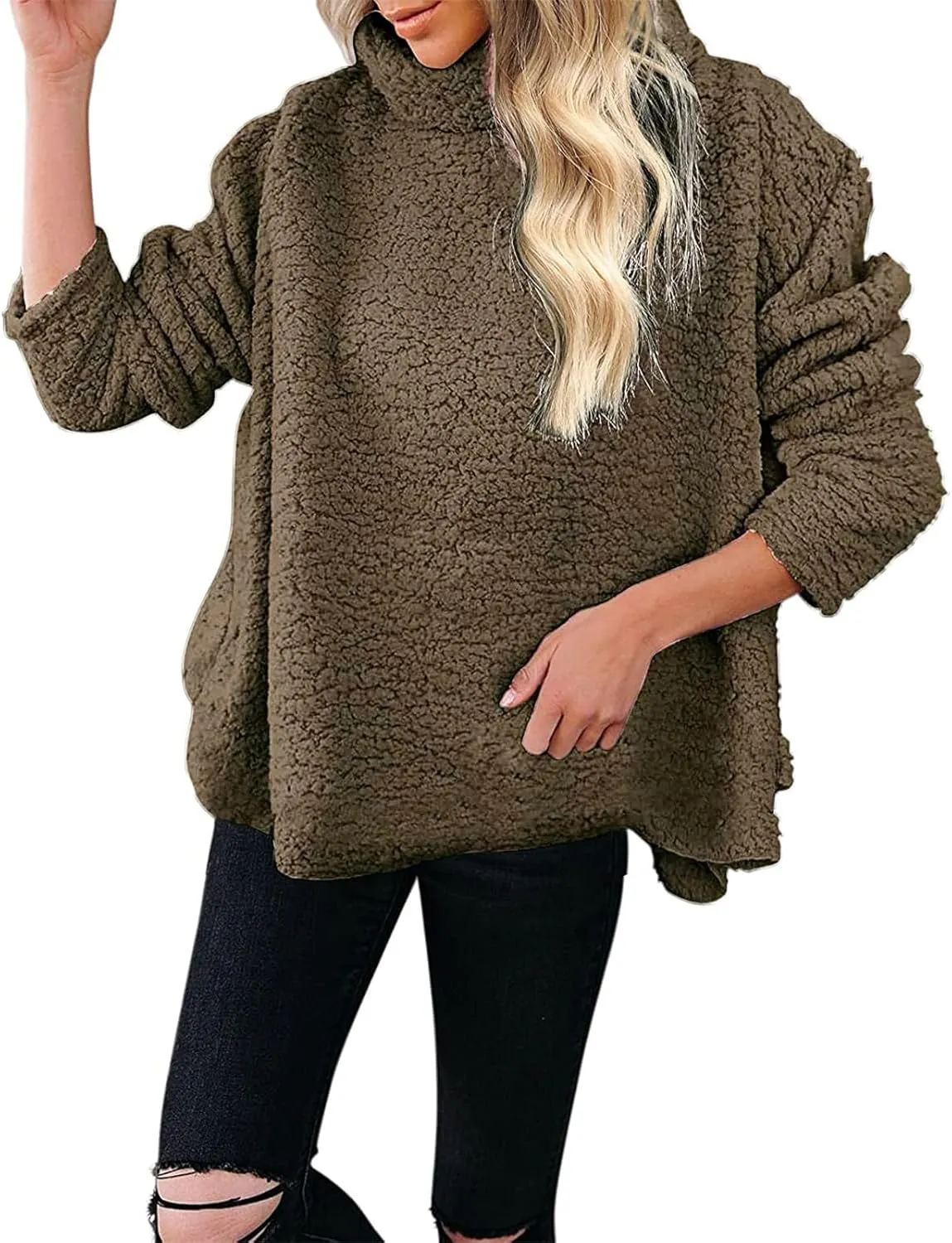 Canbebig Womens Fuzzy Sherpa Fleece Sweaters Oversized Casual Turtleneck Sweatshirt Warm Pullover Sweater Side Slit Outerwear