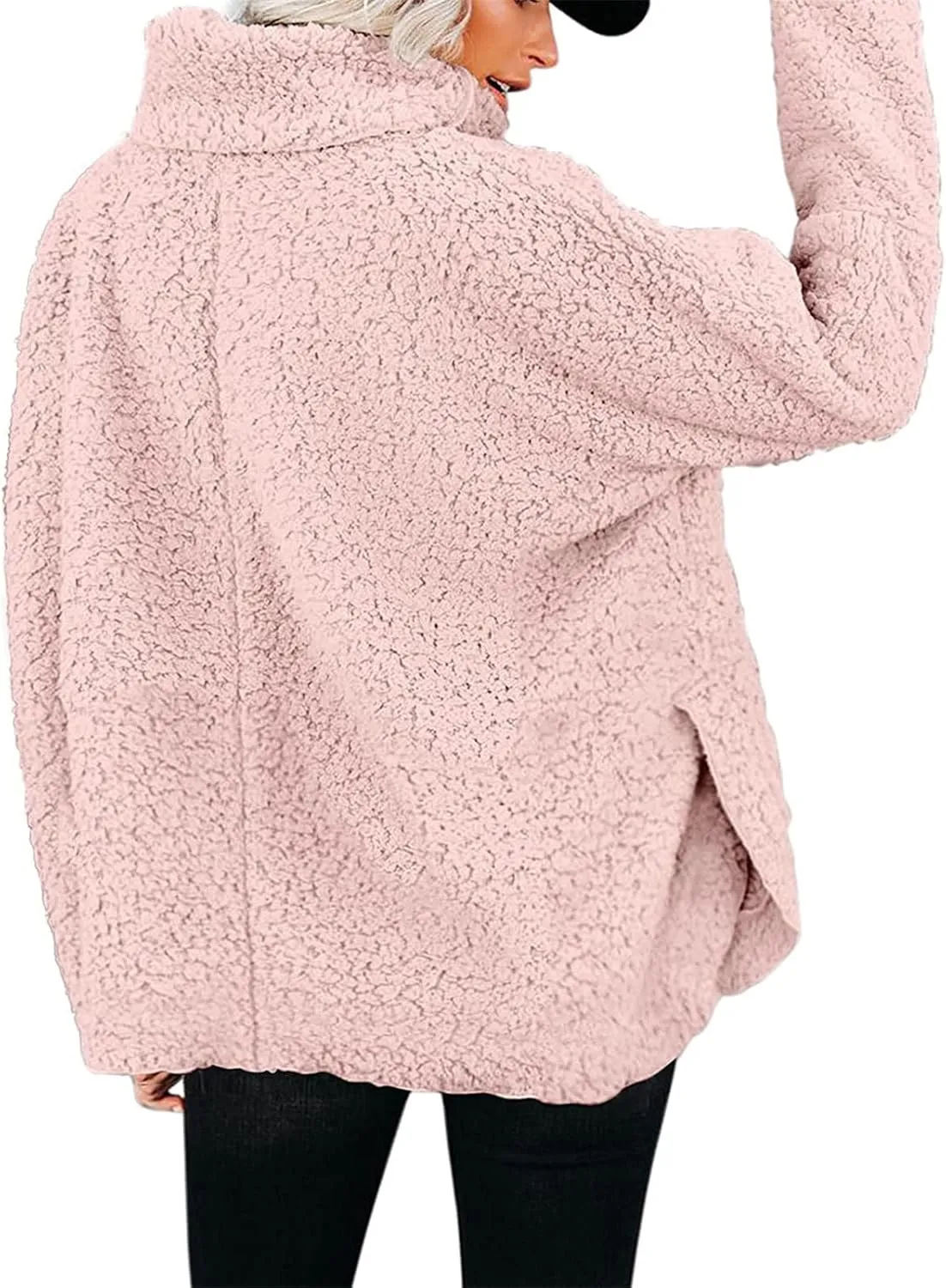 Canbebig Womens Fuzzy Sherpa Fleece Sweaters Oversized Casual Turtleneck Sweatshirt Warm Pullover Sweater Side Slit Outerwear