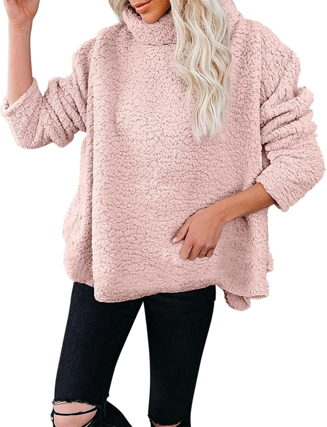 Canbebig Womens Fuzzy Sherpa Fleece Sweaters Oversized Casual Turtleneck Sweatshirt Warm Pullover Sweater Side Slit Outerwear