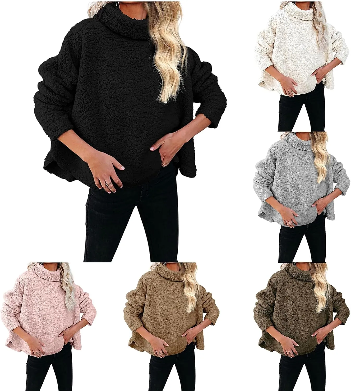 Canbebig Womens Fuzzy Sherpa Fleece Sweaters Oversized Casual Turtleneck Sweatshirt Warm Pullover Sweater Side Slit Outerwear