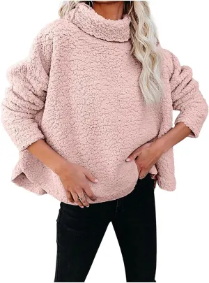Canbebig Womens Fuzzy Sherpa Fleece Sweaters Oversized Casual Turtleneck Sweatshirt Warm Pullover Sweater Side Slit Outerwear