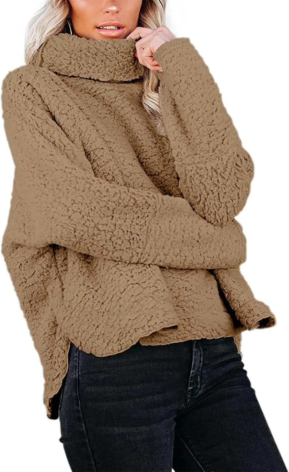 Canbebig Womens Fuzzy Sherpa Fleece Sweaters Oversized Casual Turtleneck Sweatshirt Warm Pullover Sweater Side Slit Outerwear