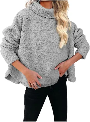 Canbebig Womens Fuzzy Sherpa Fleece Sweaters Oversized Casual Turtleneck Sweatshirt Warm Pullover Sweater Side Slit Outerwear