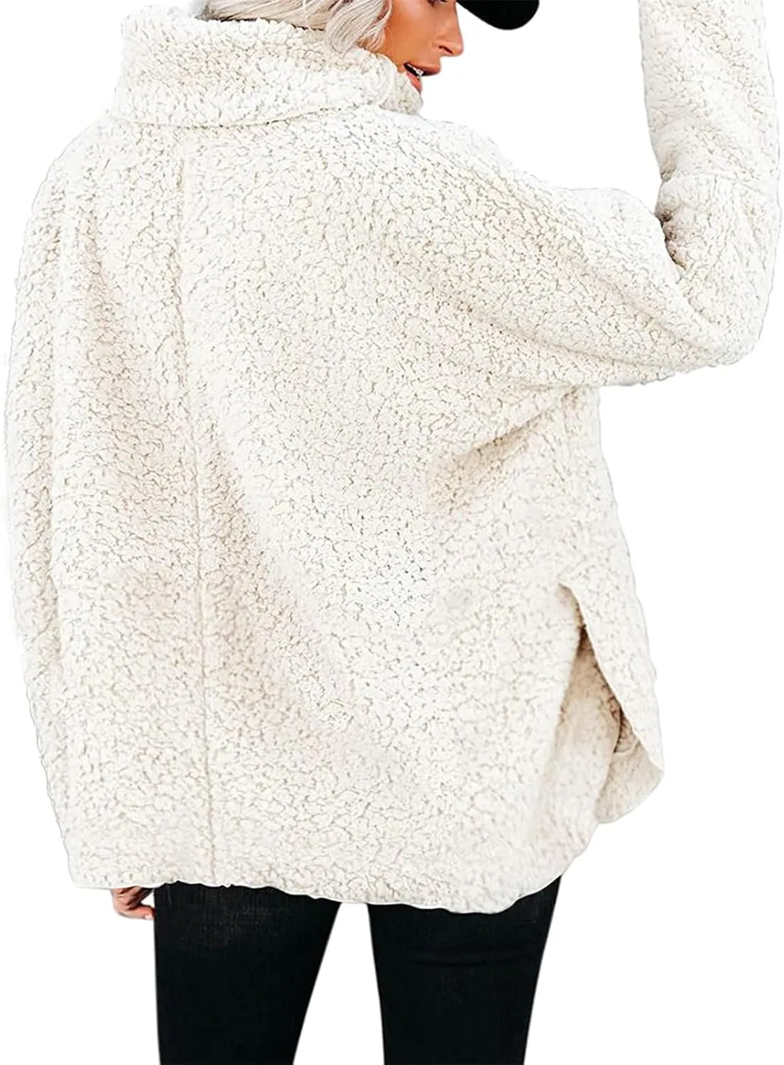 Canbebig Womens Fuzzy Sherpa Fleece Sweaters Oversized Casual Turtleneck Sweatshirt Warm Pullover Sweater Side Slit Outerwear