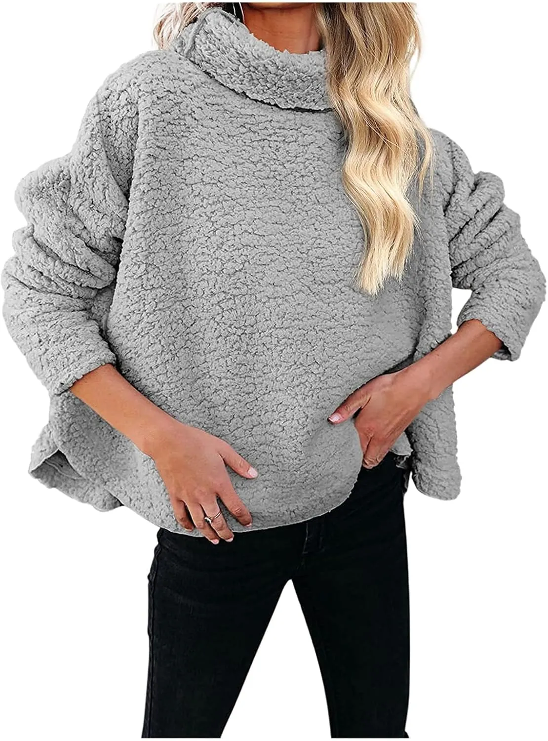 Canbebig Womens Fuzzy Sherpa Fleece Sweaters Oversized Casual Turtleneck Sweatshirt Warm Pullover Sweater Side Slit Outerwear