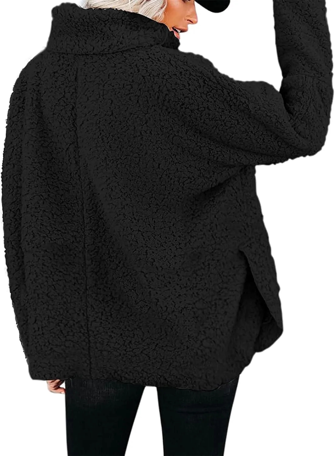 Canbebig Womens Fuzzy Sherpa Fleece Sweaters Oversized Casual Turtleneck Sweatshirt Warm Pullover Sweater Side Slit Outerwear