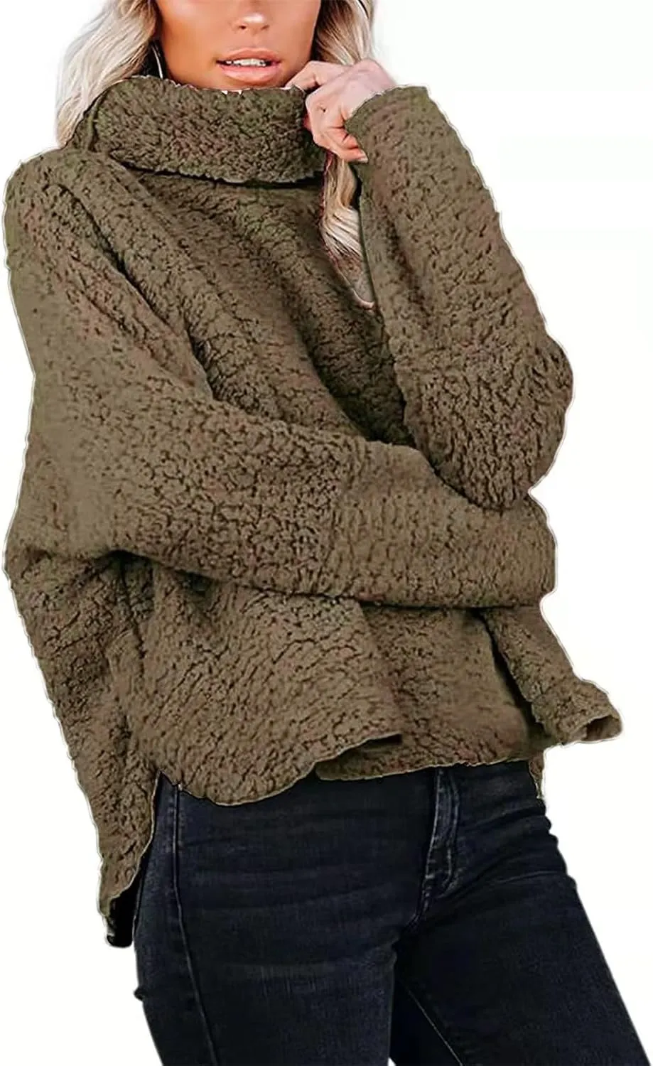 Canbebig Womens Fuzzy Sherpa Fleece Sweaters Oversized Casual Turtleneck Sweatshirt Warm Pullover Sweater Side Slit Outerwear