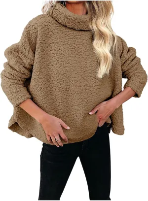 Canbebig Womens Fuzzy Sherpa Fleece Sweaters Oversized Casual Turtleneck Sweatshirt Warm Pullover Sweater Side Slit Outerwear