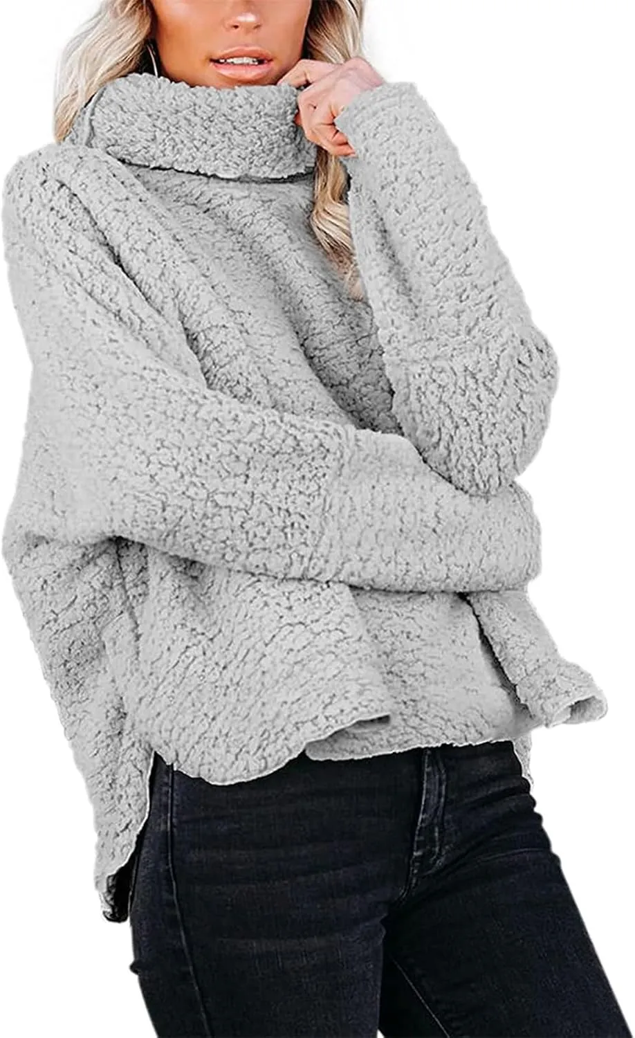 Canbebig Womens Fuzzy Sherpa Fleece Sweaters Oversized Casual Turtleneck Sweatshirt Warm Pullover Sweater Side Slit Outerwear