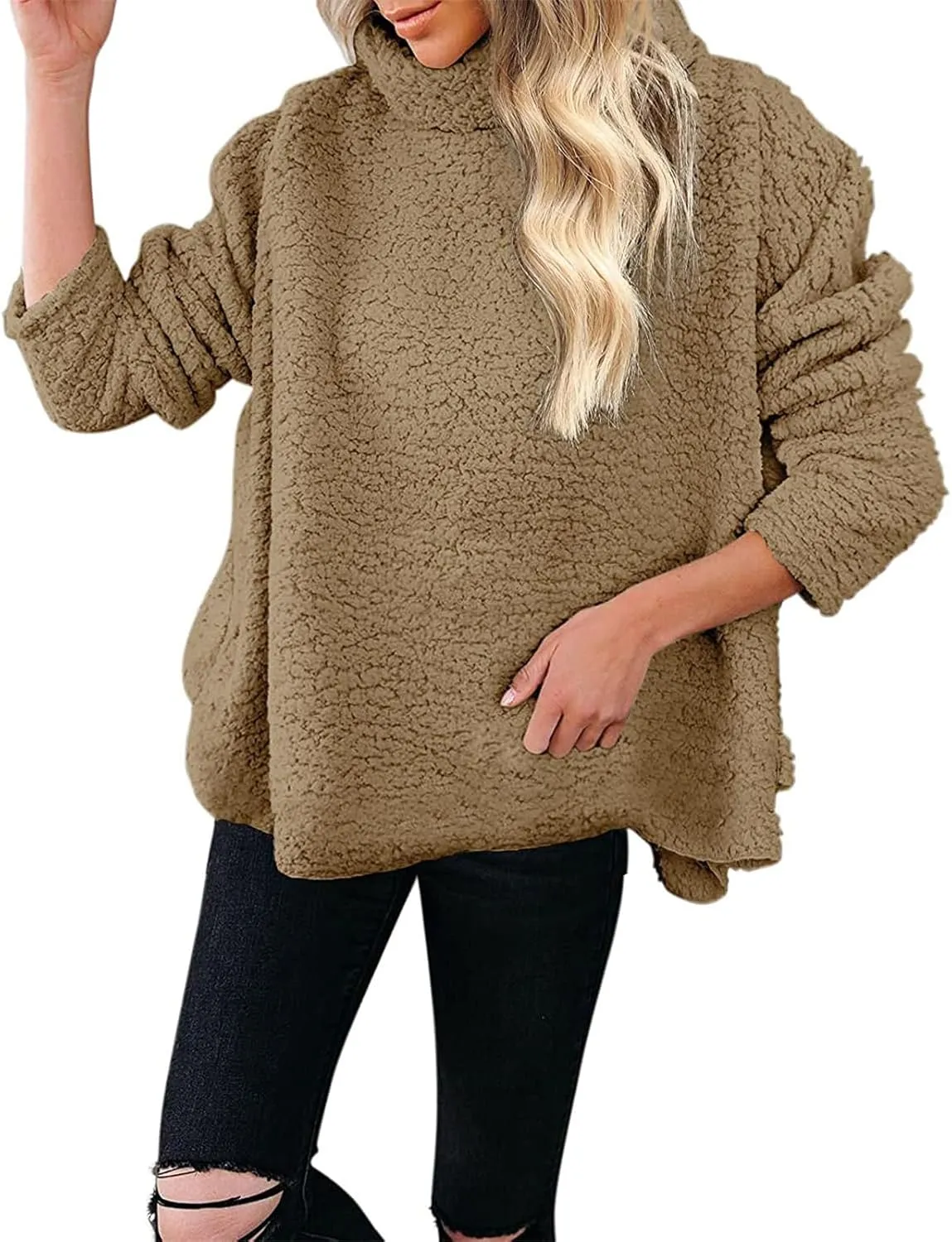Canbebig Womens Fuzzy Sherpa Fleece Sweaters Oversized Casual Turtleneck Sweatshirt Warm Pullover Sweater Side Slit Outerwear