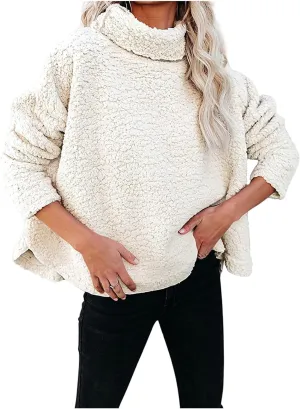 Canbebig Womens Fuzzy Sherpa Fleece Sweaters Oversized Casual Turtleneck Sweatshirt Warm Pullover Sweater Side Slit Outerwear
