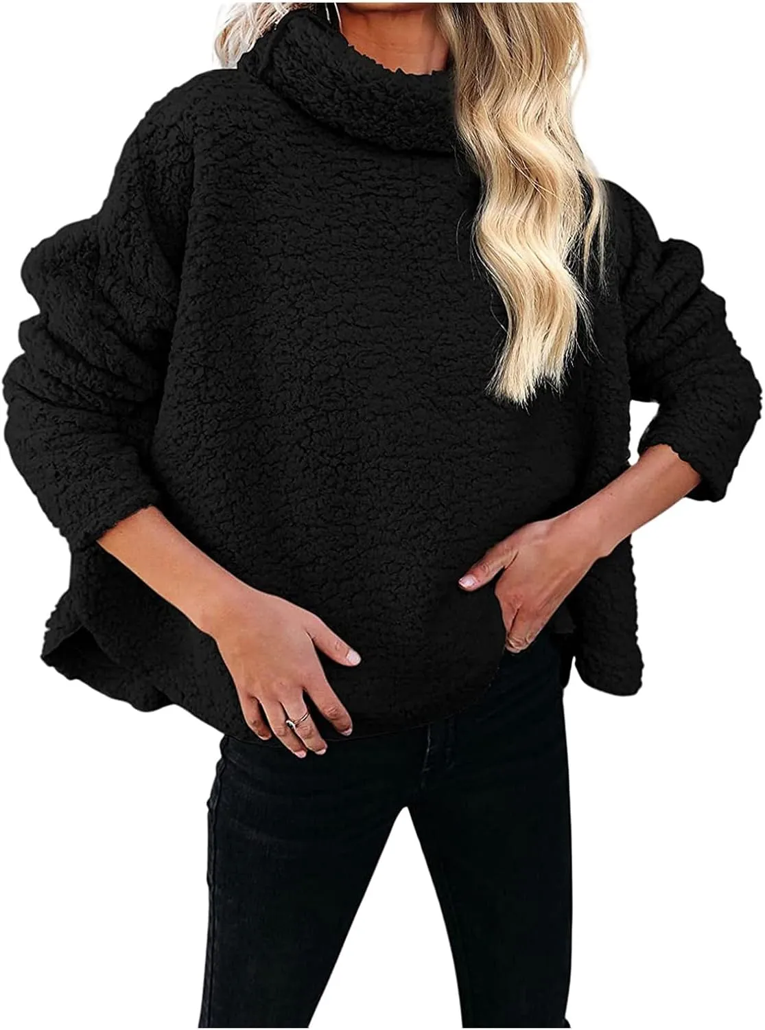 Canbebig Womens Fuzzy Sherpa Fleece Sweaters Oversized Casual Turtleneck Sweatshirt Warm Pullover Sweater Side Slit Outerwear