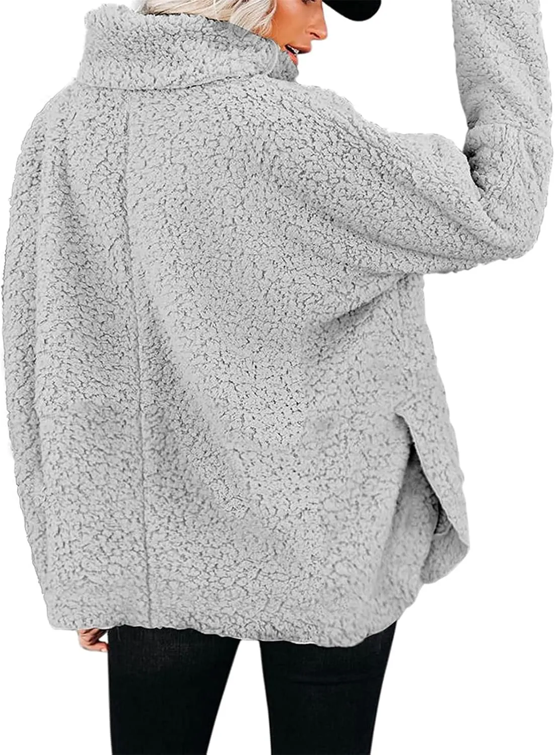 Canbebig Womens Fuzzy Sherpa Fleece Sweaters Oversized Casual Turtleneck Sweatshirt Warm Pullover Sweater Side Slit Outerwear