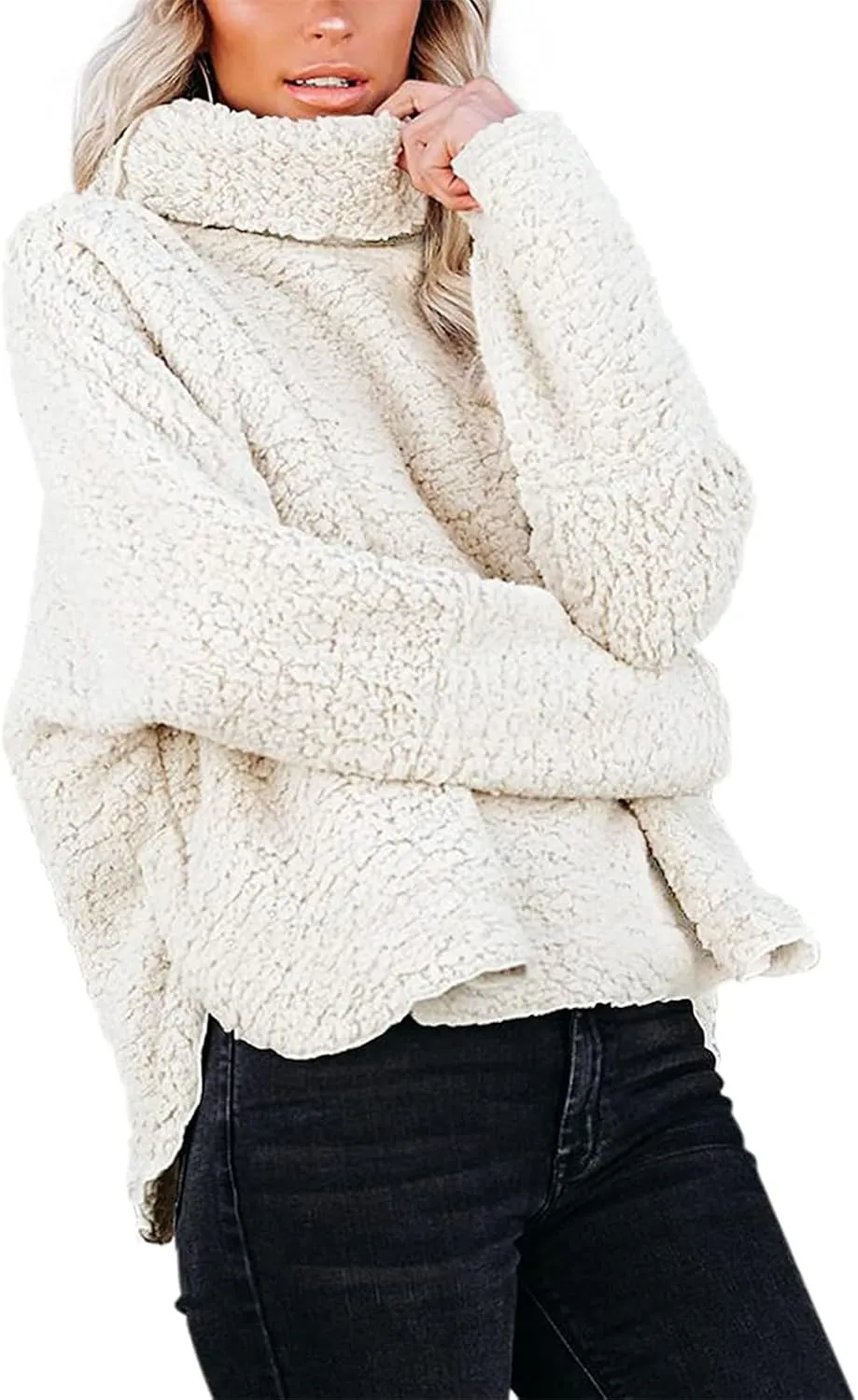 Canbebig Womens Fuzzy Sherpa Fleece Sweaters Oversized Casual Turtleneck Sweatshirt Warm Pullover Sweater Side Slit Outerwear