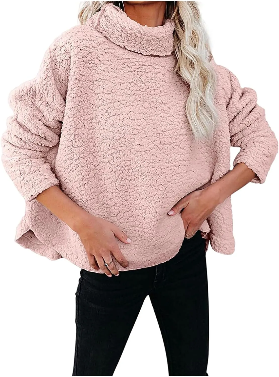 Canbebig Womens Fuzzy Sherpa Fleece Sweaters Oversized Casual Turtleneck Sweatshirt Warm Pullover Sweater Side Slit Outerwear