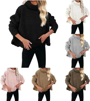 Canbebig Womens Fuzzy Sherpa Fleece Sweaters Oversized Casual Turtleneck Sweatshirt Warm Pullover Sweater Side Slit Outerwear