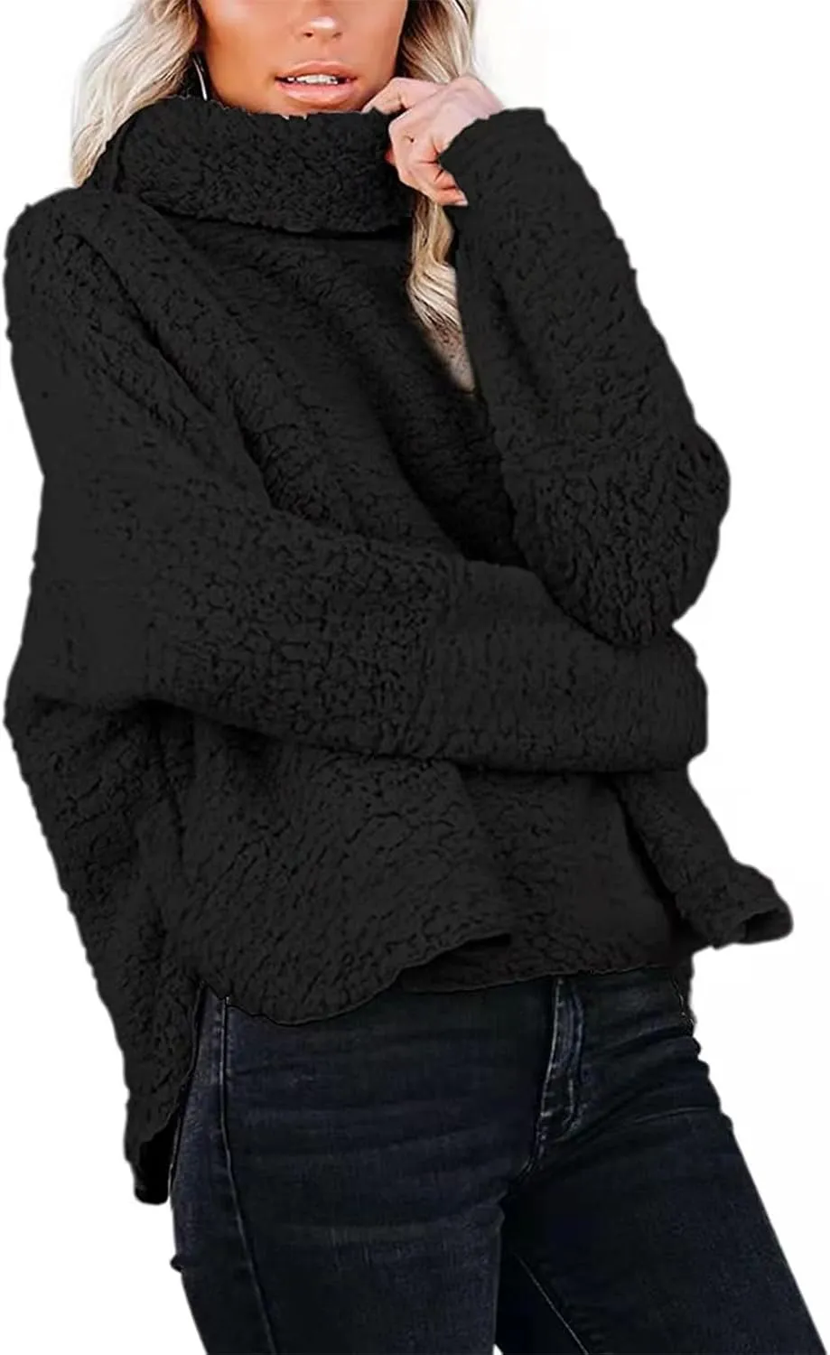 Canbebig Womens Fuzzy Sherpa Fleece Sweaters Oversized Casual Turtleneck Sweatshirt Warm Pullover Sweater Side Slit Outerwear