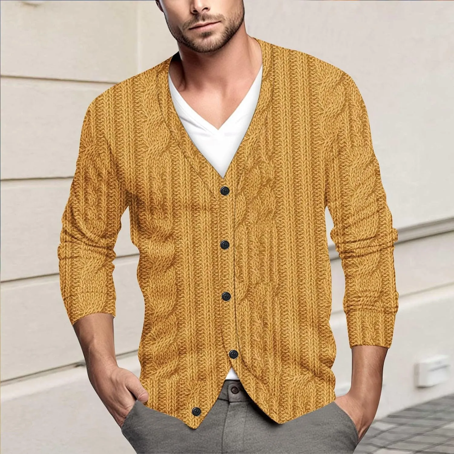 Cardigan Sweater for Men Knitted Long Sleeve Sweaters V Neck Button up Sweaters Classic Tops Casual Pullovers