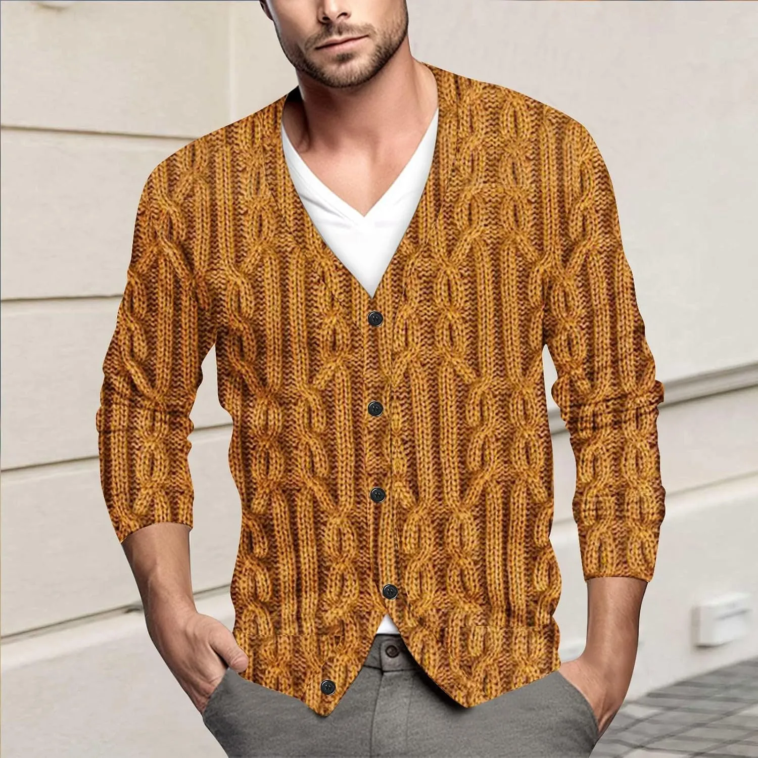 Cardigan Sweater for Men Knitted Long Sleeve Sweaters V Neck Button up Sweaters Classic Tops Casual Pullovers