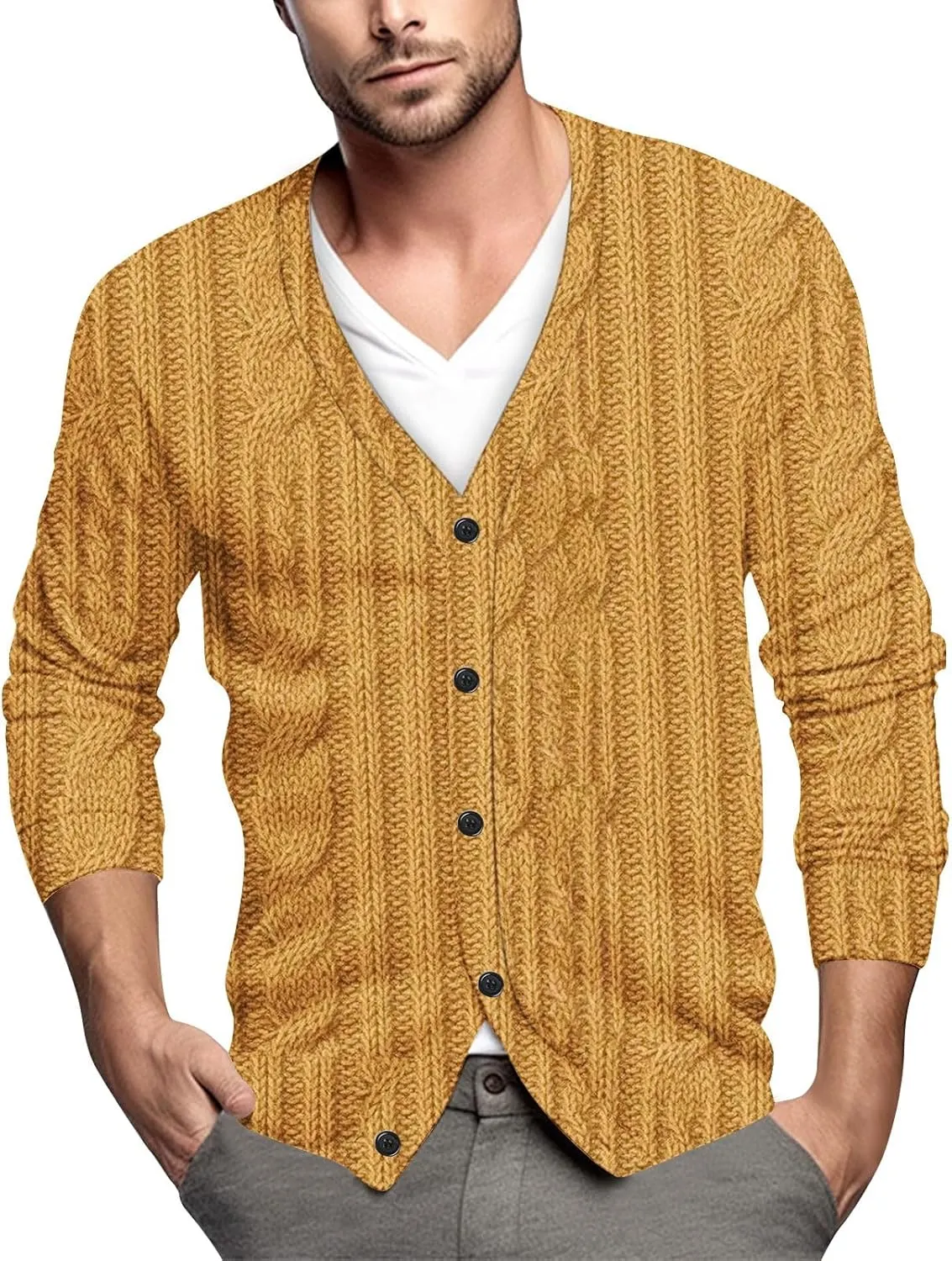 Cardigan Sweater for Men Knitted Long Sleeve Sweaters V Neck Button up Sweaters Classic Tops Casual Pullovers
