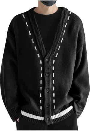 Cardigan Sweaters for Men Button Down Knit Sweater V Neck Ribbed Cardigan Cable Knit Sweater Casual Outwear